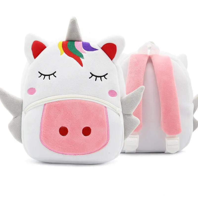 Soft plush children's backpack in cartoon animal design, shown with zipper open, dimensions 26cm by 24cm.