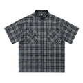 Men's black plaid short sleeve shirt with letter embroidery on the lapel collar.