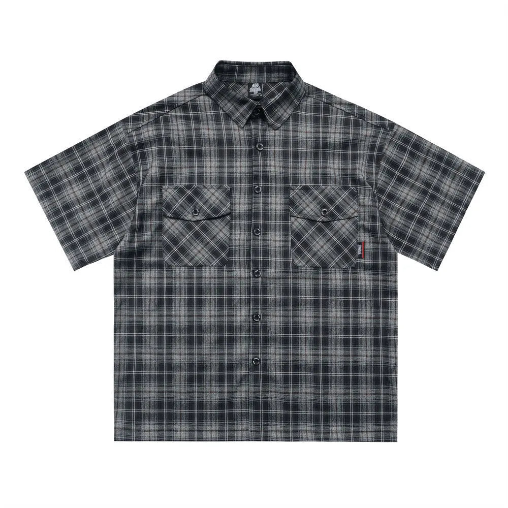 Men's black plaid short sleeve shirt with letter embroidery on the lapel collar.