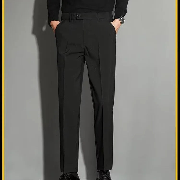 Men's straight ankle-length suit trousers with spring draping effect in chemical fibre blend fabric