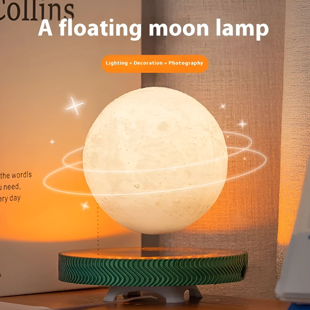 Magnetic suspension moon lamp levitating above its base with colour-changing LED light.
