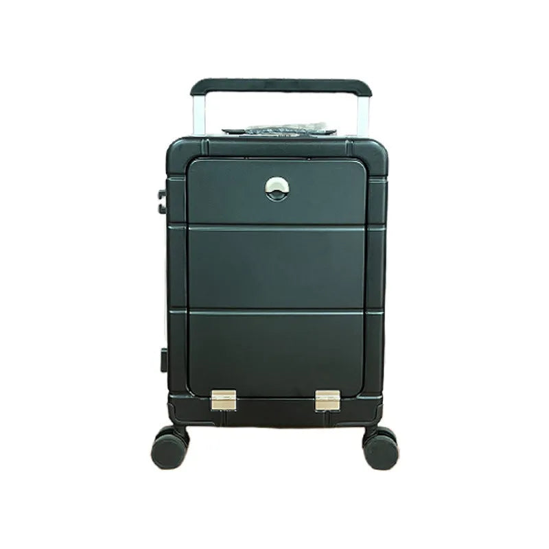 20-inch front opening suitcase in multiple colours showing wet-dry compartments and cup holder.