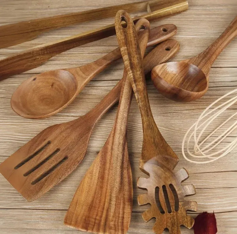 Wooden cooking utensils seven-piece set with spoon and shovel tools for non-stick pans