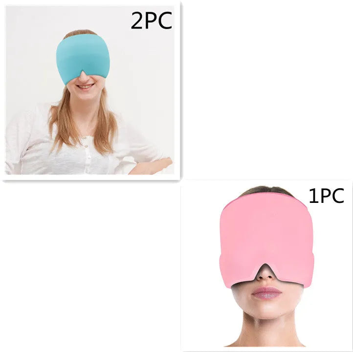 Black elastic cloth gel cold therapy eye mask for headache relief on grey background.