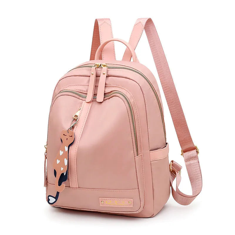 Women's black nylon casual backpack with multiple compartments and double shoulder straps