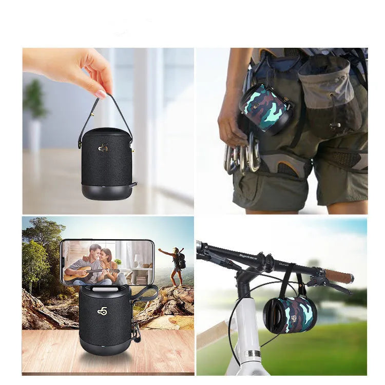 Compact square waterproof Bluetooth speaker in multiple colours with carrying strap.