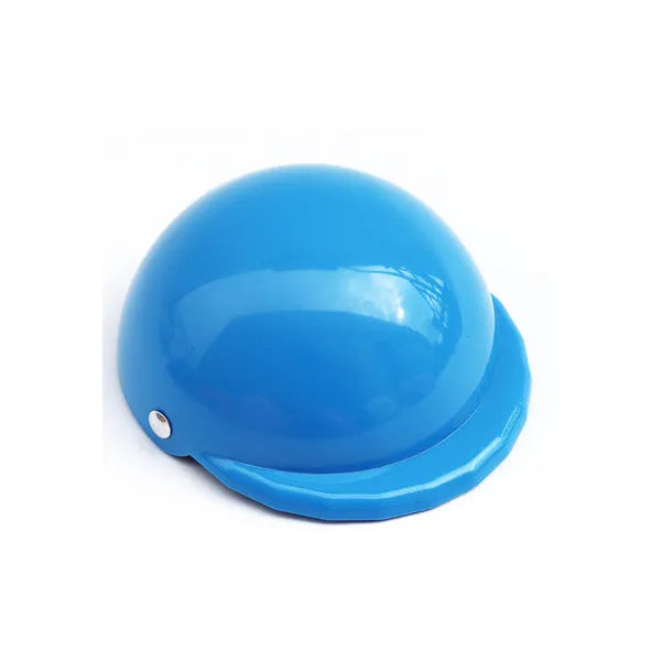A pink plastic motorcycle cap helmet for a dog, shown alongside white, black, and yellow colour options.