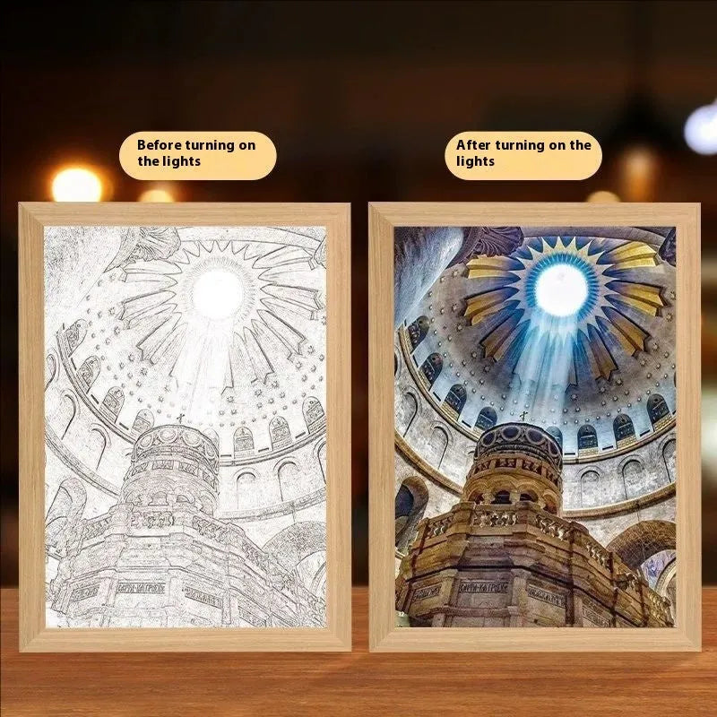 Modern rectangular LED light painting wall art with handmade frame showing illuminated design