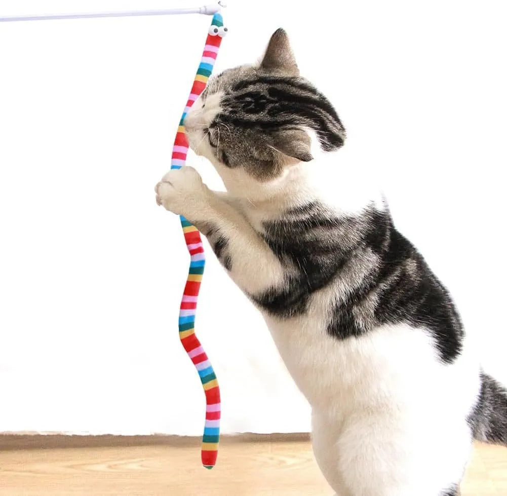 Colourful cat wand toy with polycarbonate handle and long plush strip for interactive feline play