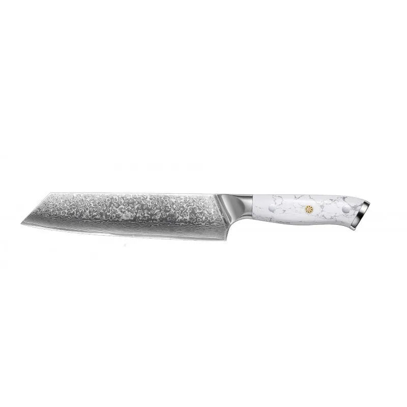 Damascus pattern chef's knife with 21cm VG10 steel blade and dark handle on a wooden surface.