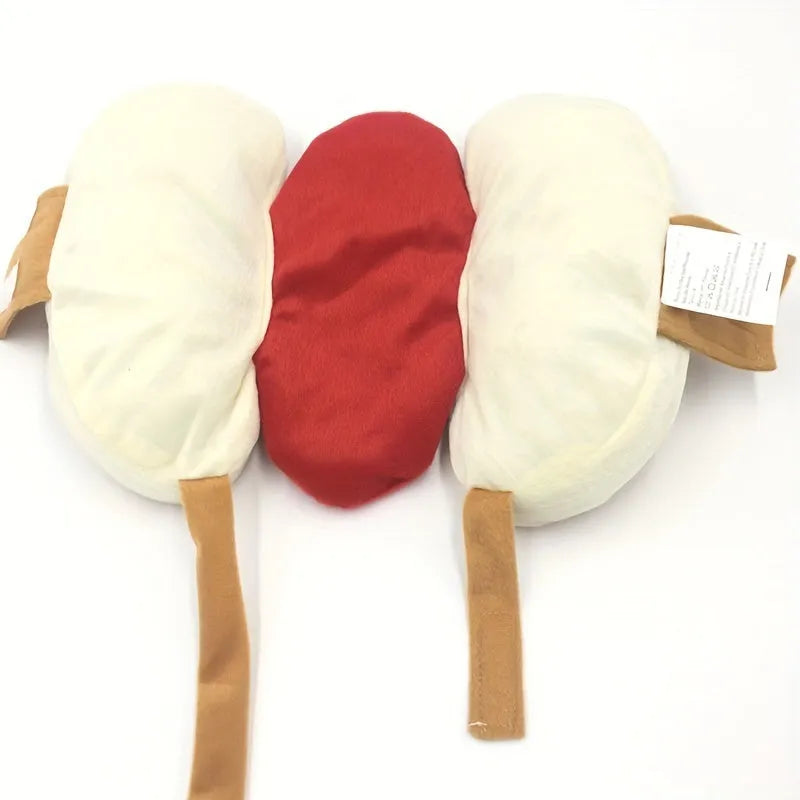 Brown and beige hot dog costume on a Dachshund dog, showing sausage-shaped design with warm lining.
