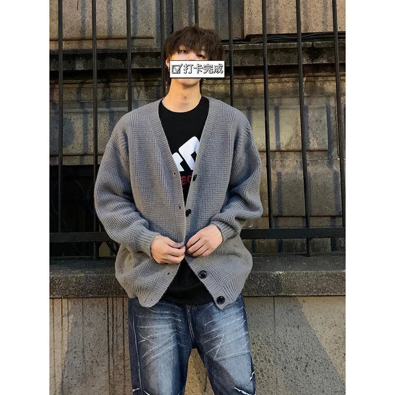 Men's army green cotton blend V-neck cardigan sweater with long sleeves in loose casual style