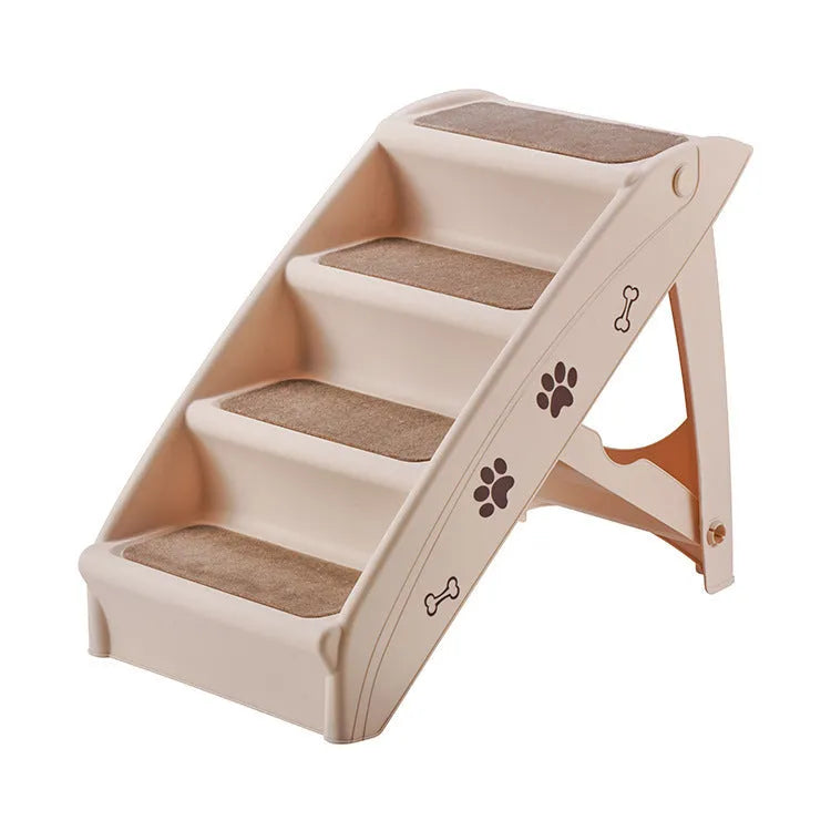 Foldable plastic step ladder for small pets on a wooden floor beside a sofa.
