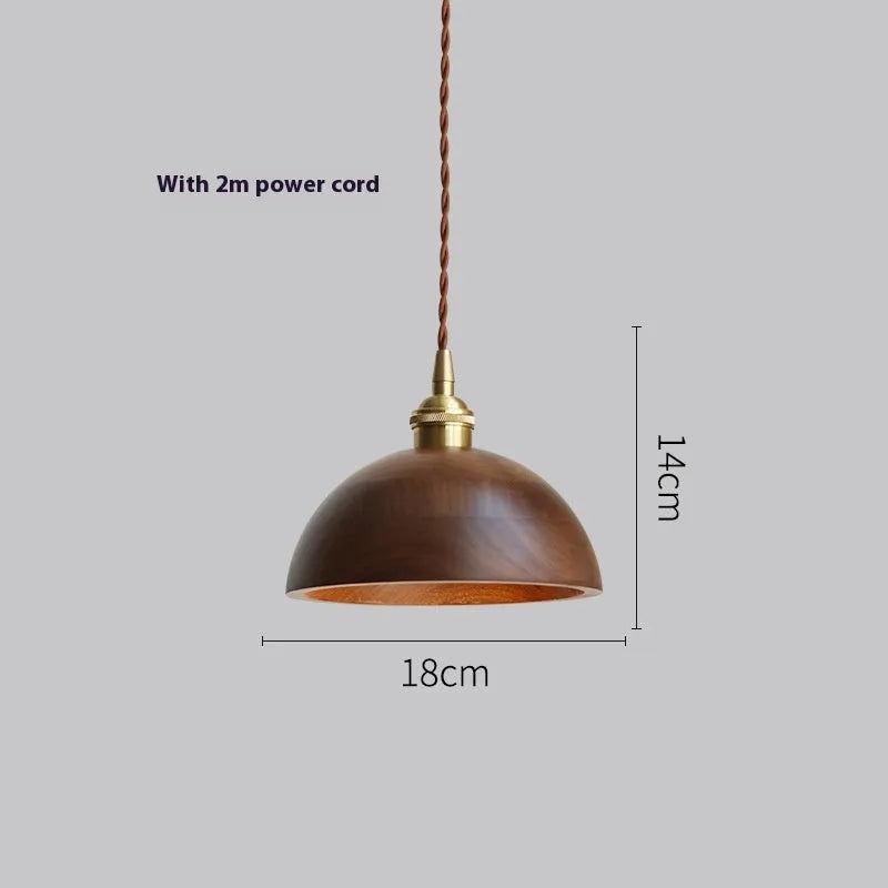 Single-head black walnut wood and copper metal droplight chandelier with an E27 lamp holder.