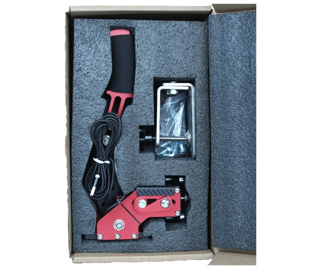 Black USB linear handbrake with aluminium mount for PC racing games next to a steering wheel.