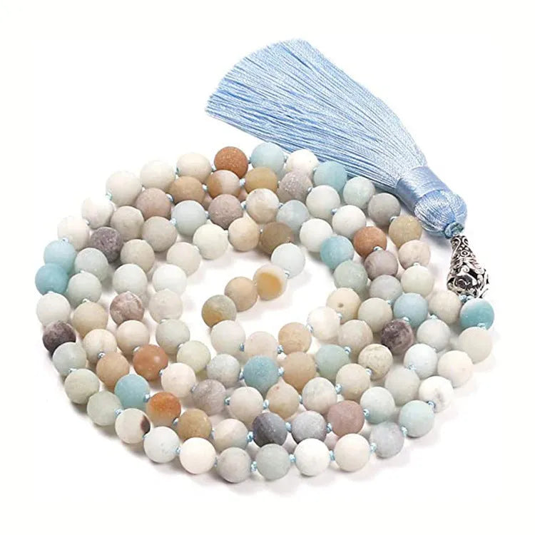Long colourful agate and stone bead necklace with a geometric tassel, measuring 95-100cm