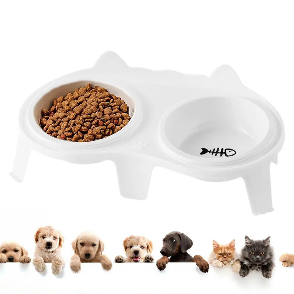 Ceramic cat food and water bowl set on elevated tilted ABS plastic stand in blue colour