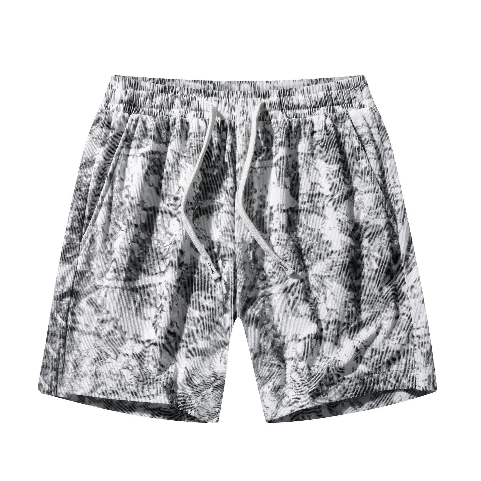 Men's straight-leg corduroy camouflage shorts in black, shown on a model.