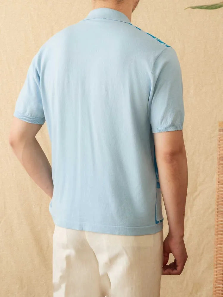 Men's striped knitted polo cardigan with lapel collar in light blue cotton-polyester blend