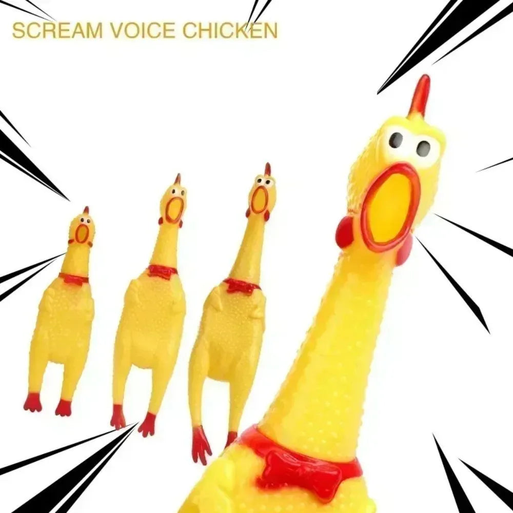 Yellow rubber screaming chicken dog toy shown in three sizes for different breed dogs