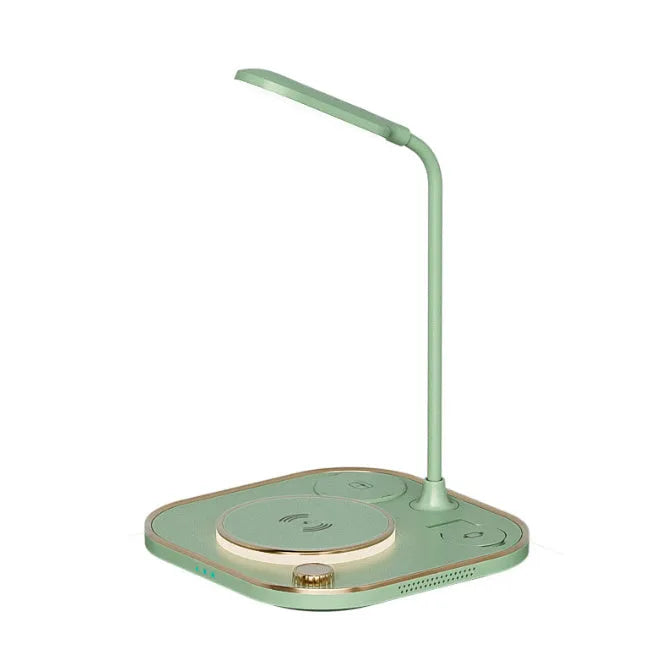 Three-in-one wireless magnetic charger with 15W fast charging and optional desk lamp in black, green, or white