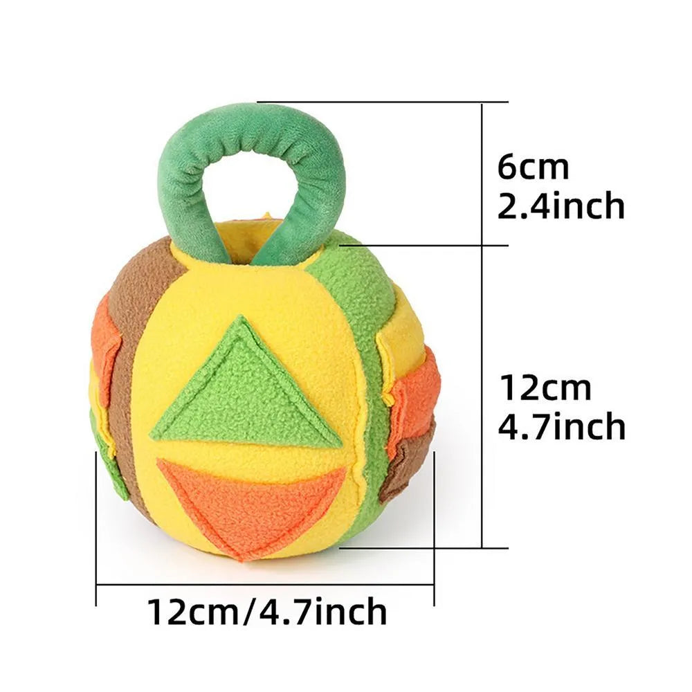Green plush ball dog toy with multiple treat pockets and squeaker for small to medium dogs