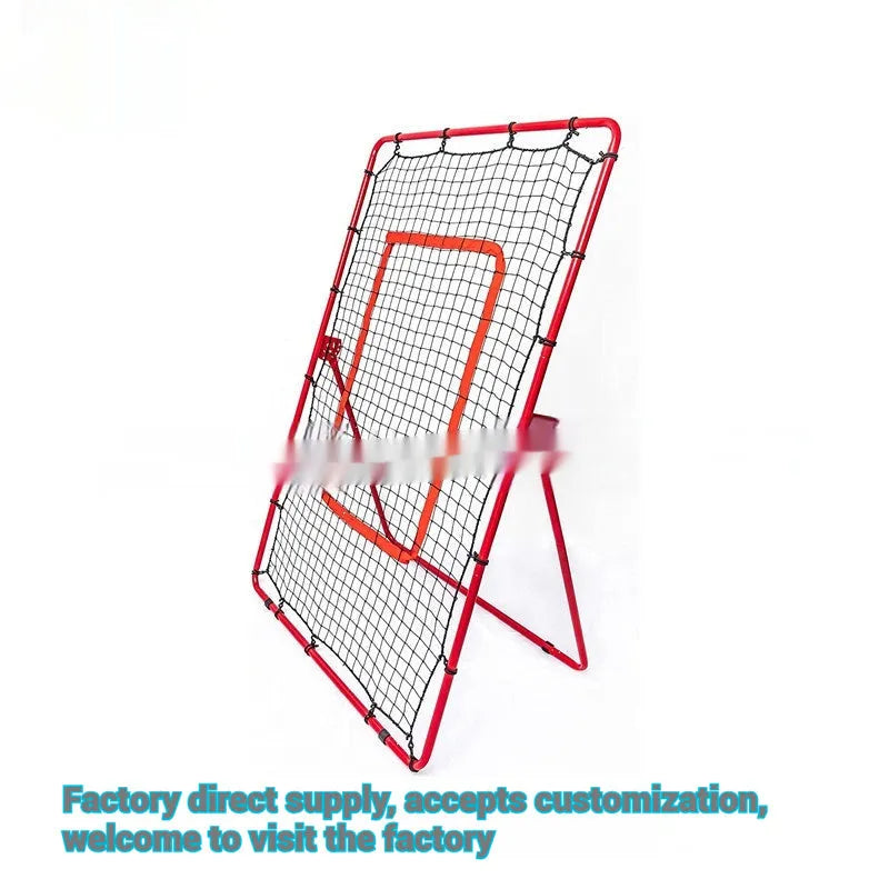 Red adjustable metal baseball training net with 4x6ft catching area for pitching practice
