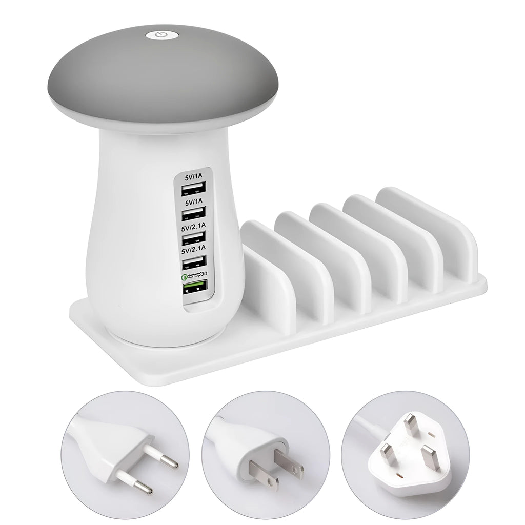 White mushroom-shaped LED lamp with 5-port USB charging dock station for smartphones and tablets