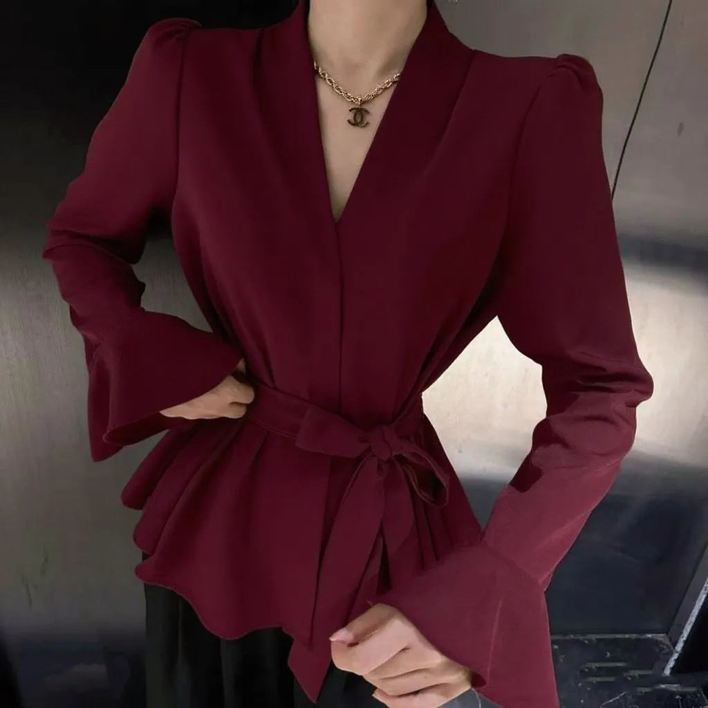 Women's French-style long sleeve shirt with irregular collar and bell sleeves in black
