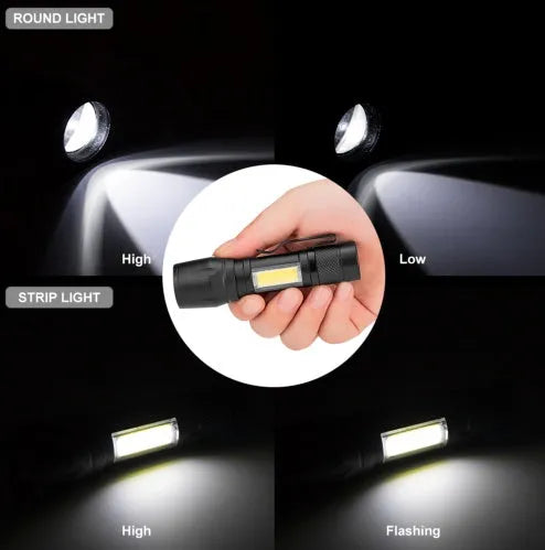 Mini black aluminium LED torch with telescopic zoom and clip for carrying