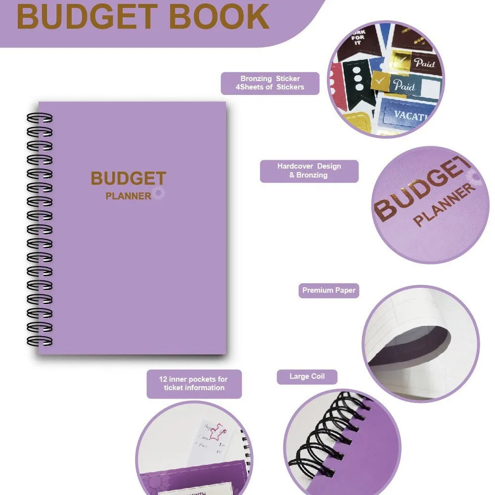 J12 purple coil-bound financial planning notebook with pen, stickers, and paper clips
