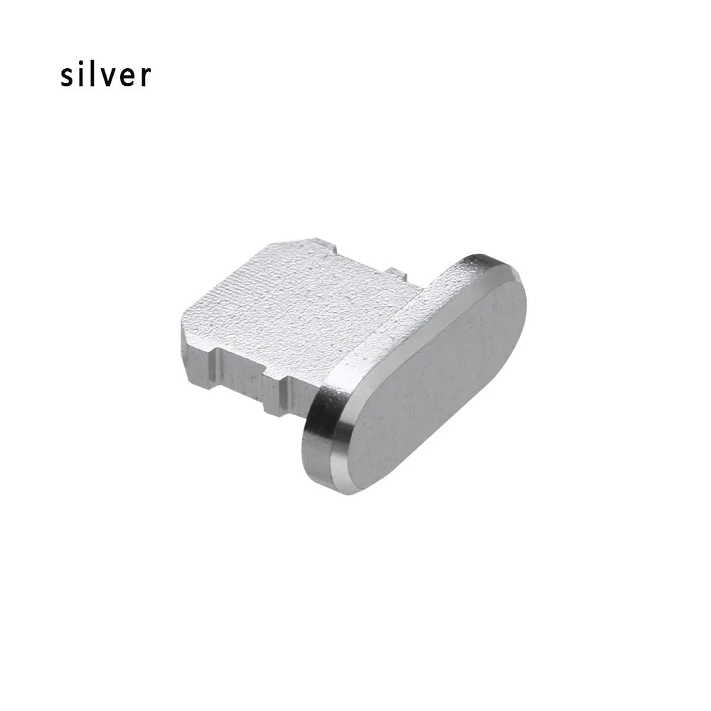 Aluminium alloy charging port dust plug for iPhone in various colours including gold, silver, blue, and rose gold.