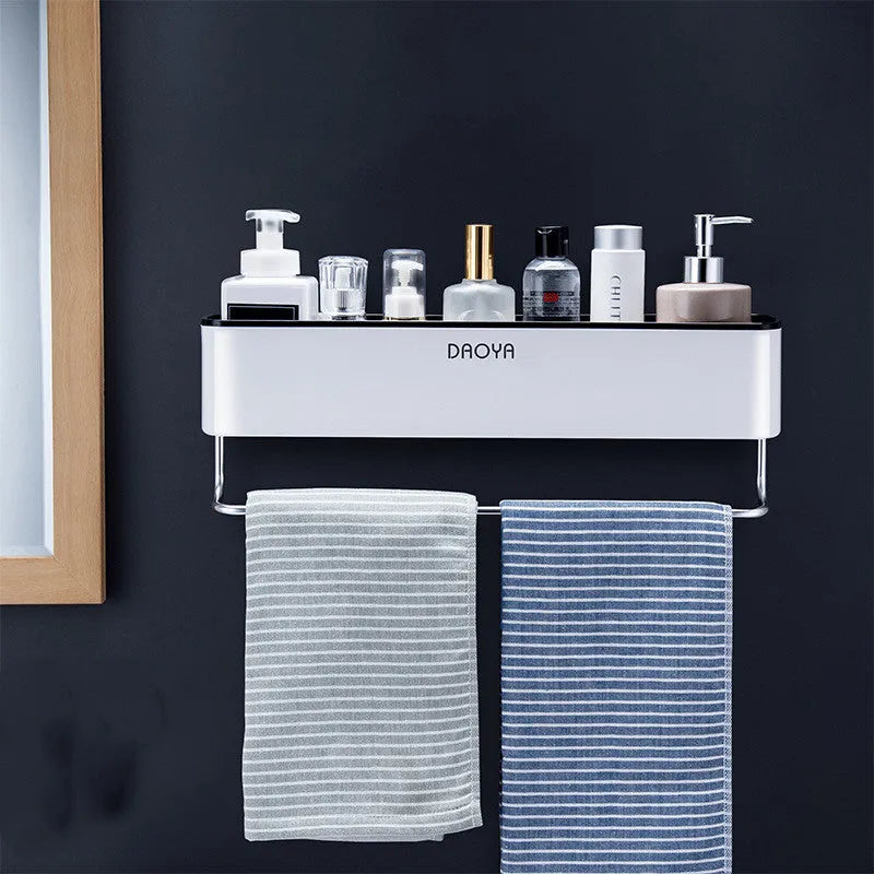 Plastic bathroom wall shelf with hole-free installation on a polished wall