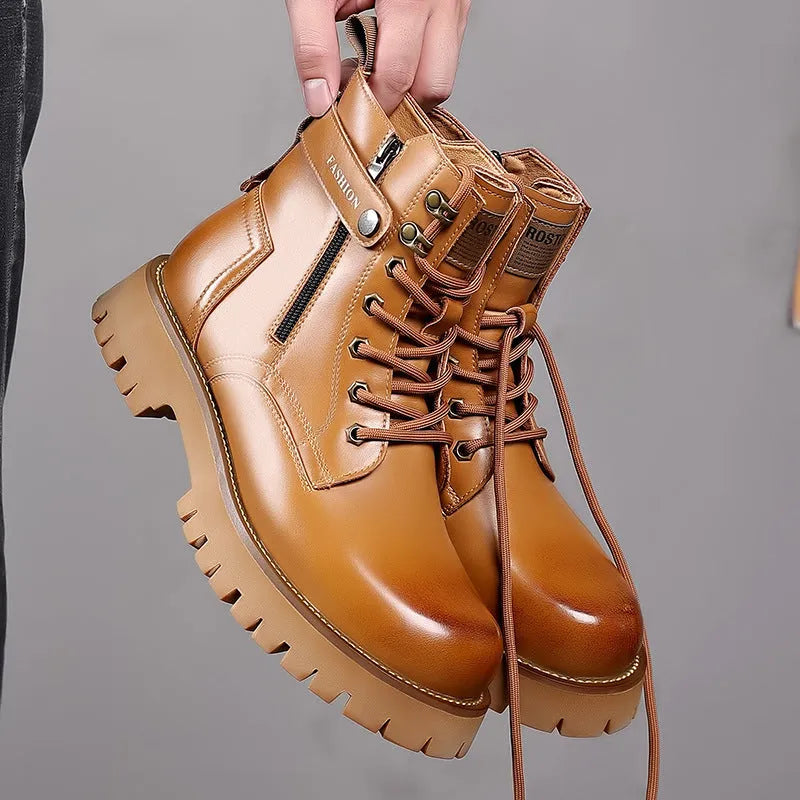 Mens light brown high-top Martin boots with side zipper and thick rubber sole