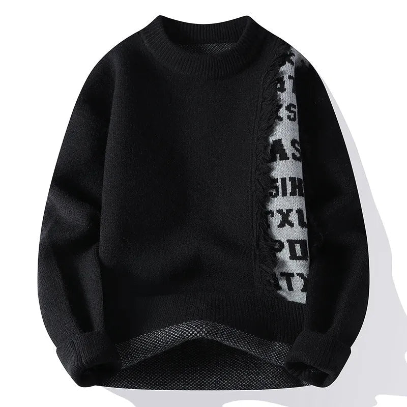 Men's loose fit knitted pullover with ribbed hemline in polyester and rabbit fur blend fabric