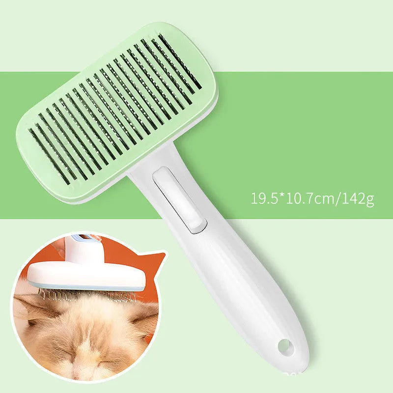 Automatic pet hair removal comb in blue, showing compact design and needle comb.
