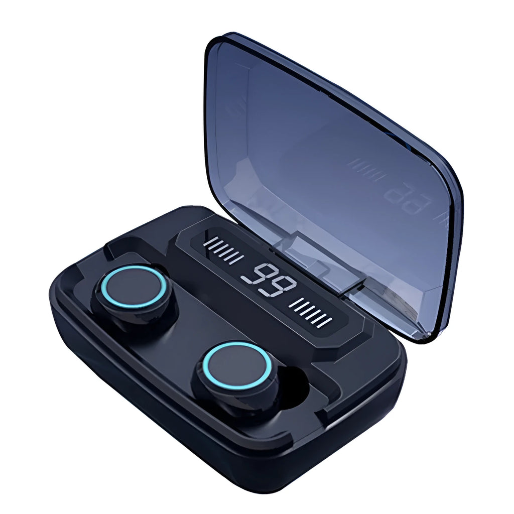 Black M11 wireless Bluetooth in-ear headphones with a digital display charging case.