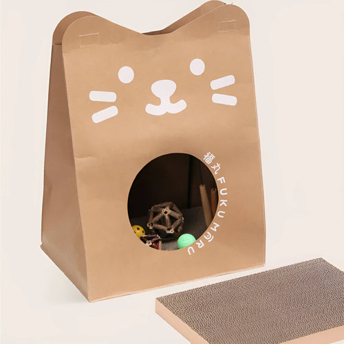 Brown washable kraft paper cat nest with integrated scratching board measuring 40x30x53cm
