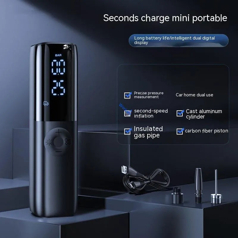 Black portable electric car air pump with tyre pressure gauge and plug-in cord