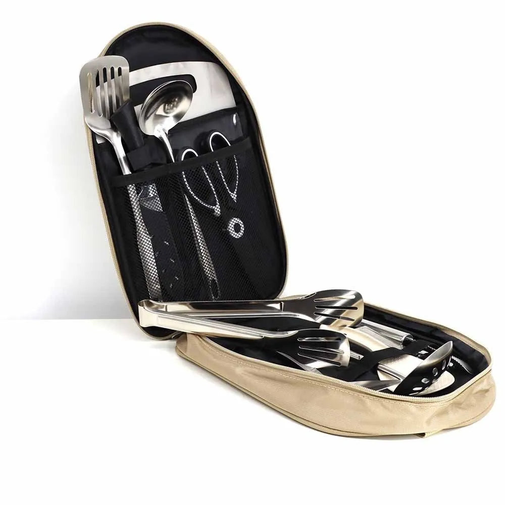 12-piece stainless steel picnic kitchenware set inside a khaki portable storage bag.