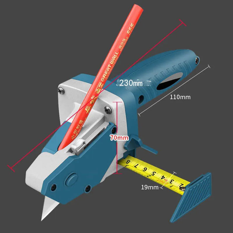 Blue multifunctional woodworking cutter with aluminum alloy frame, TPR handle, and integrated tape measure.
