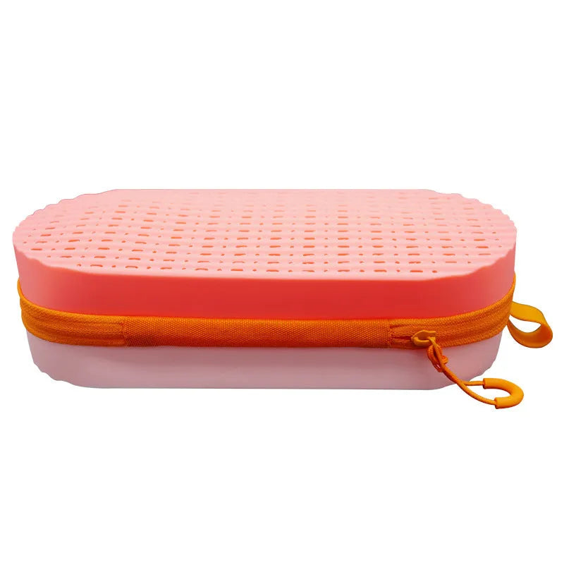 A rectangular silicone glasses case in rose red light purple, showing its slim 200mm x 80mm x 50mm profile.