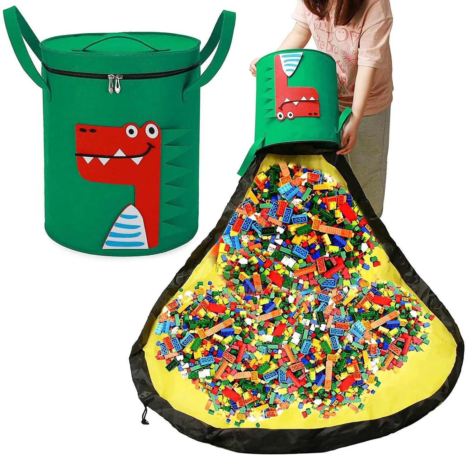 Green felt cube storage bag with pull rope shown as both toy container and play mat