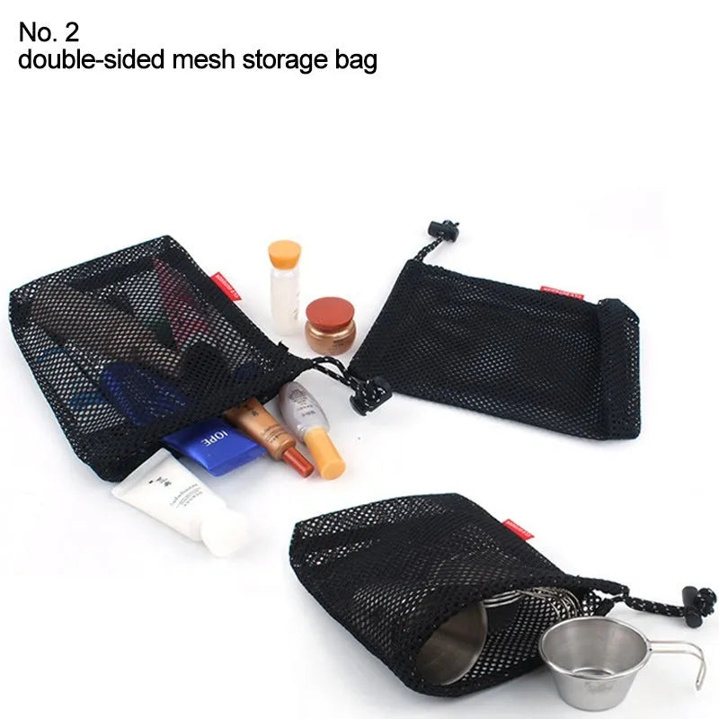 Red five-piece outdoor travel storage bag set with zipper closures and mesh panelling