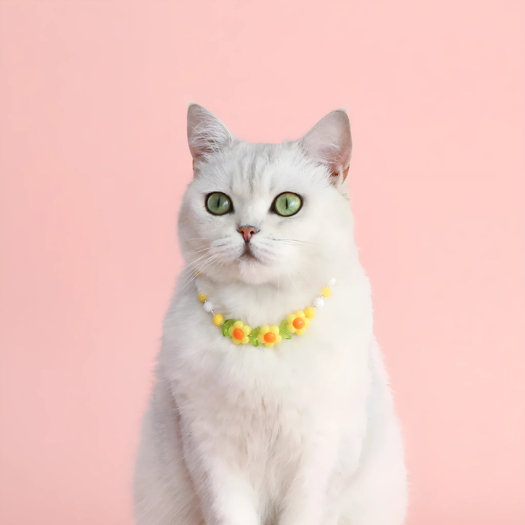 Colourful plastic pearl bead cat necklace with small flower, rainbow, or peach designs on a white background.