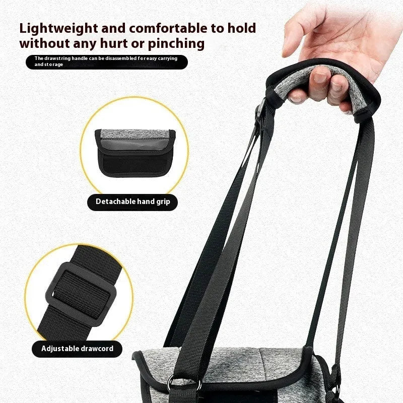 Grey neoprene dog rear leg recovery support belt shown on a size chart.