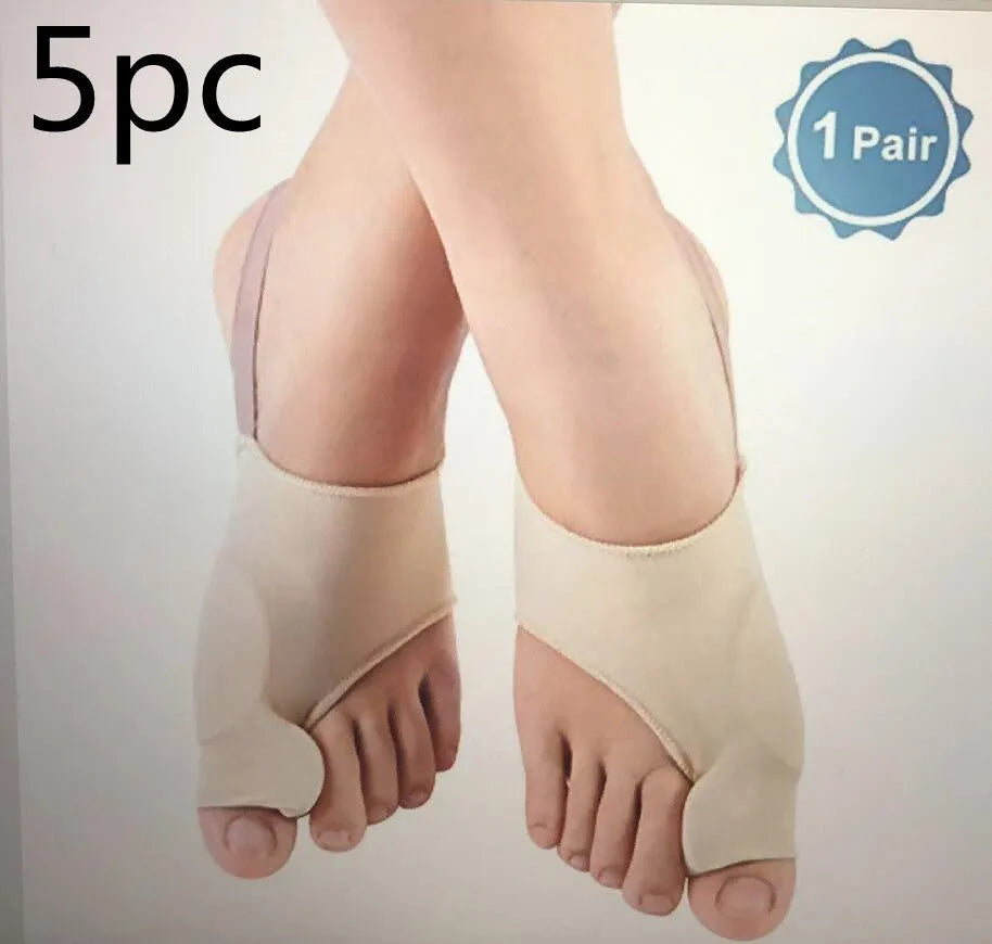 Corrective toe socks with silicone gel bunion pad and toe separator on a foot.