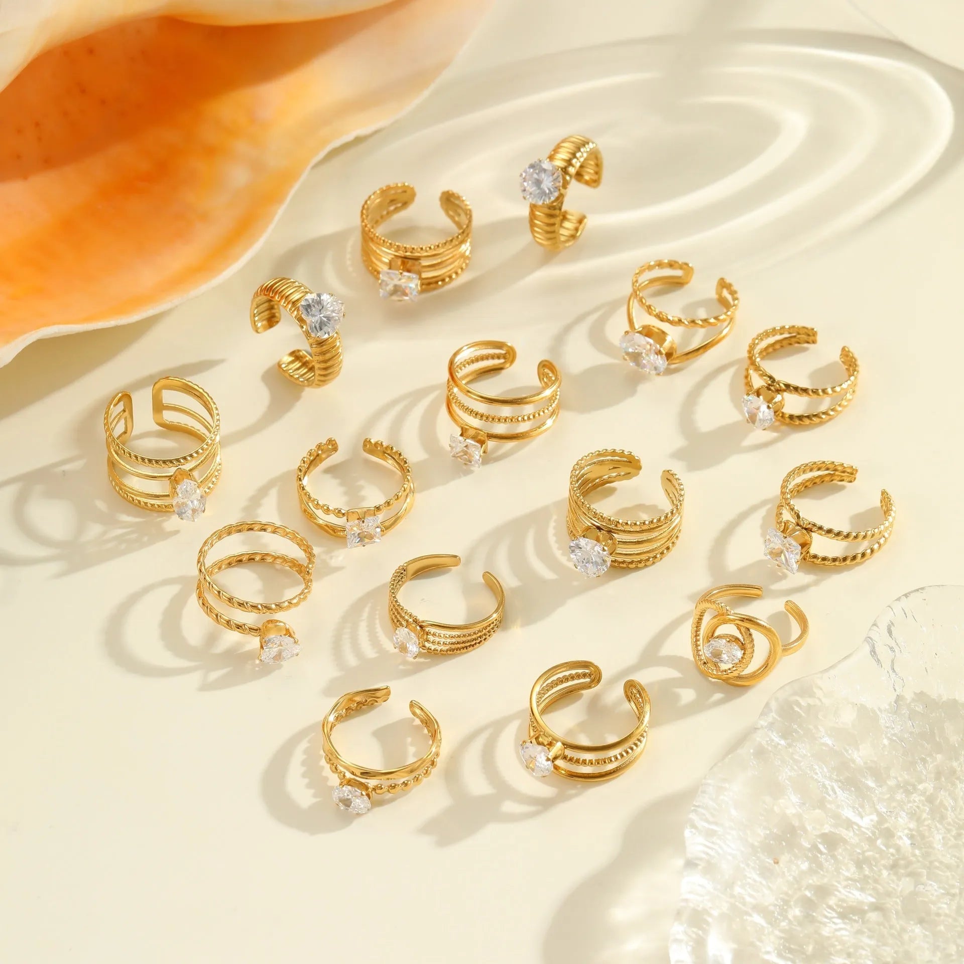 Gold inlaid zircon stainless steel ring with geometric designs and adjustable open-mouth construction