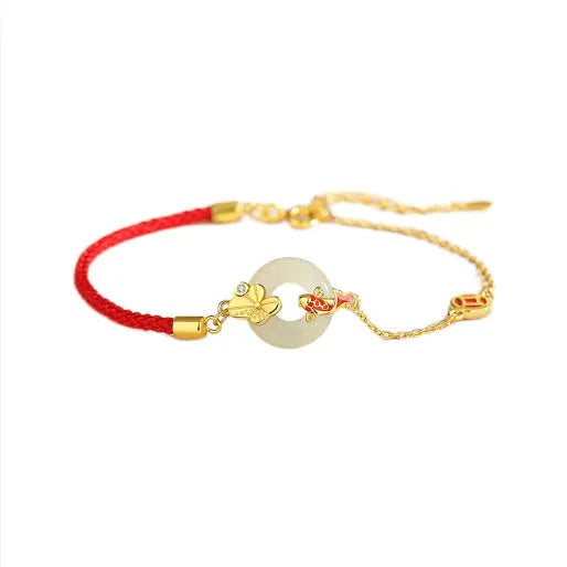 Koi peace buckle hetian jade red rope bracelet in 925 silver with gold electroplated finish
