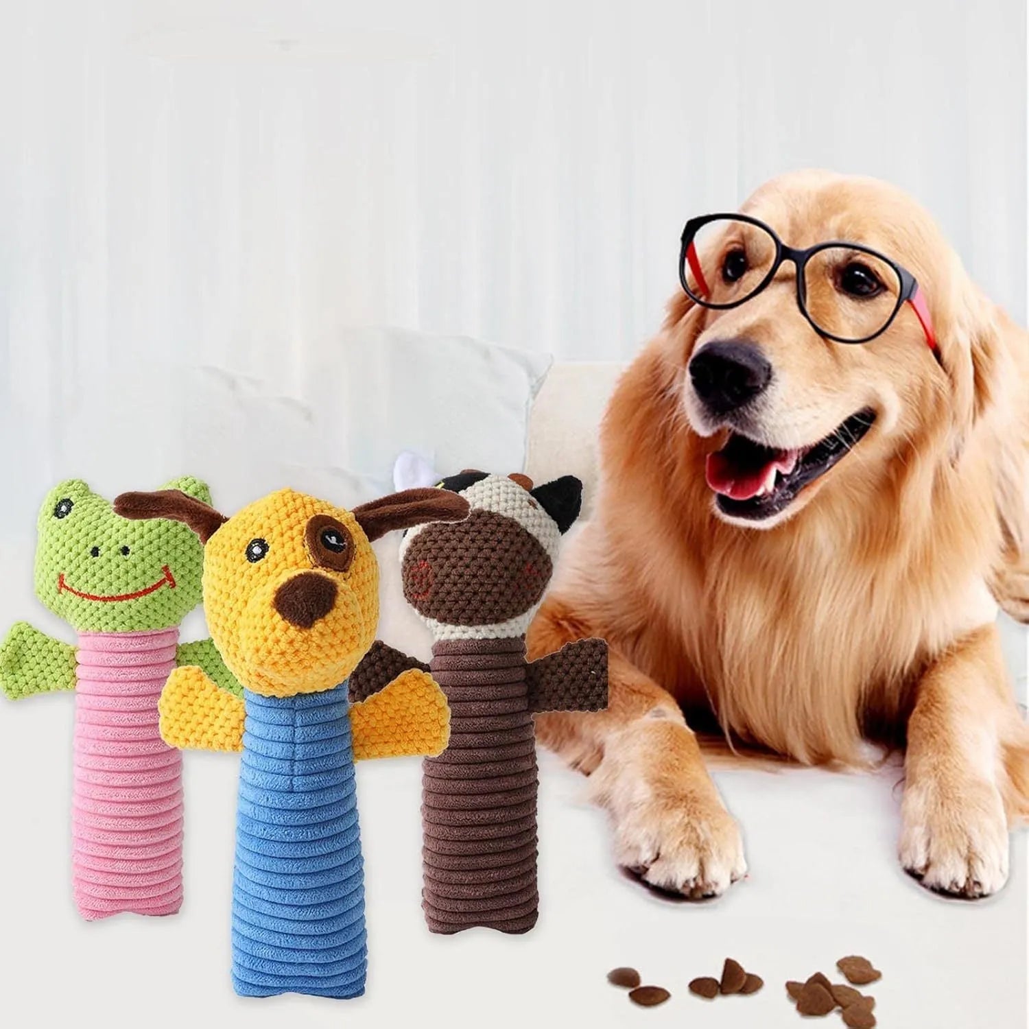 A cloth stuffed animal dog chew toy with a squeaker, shown next to a ruler measuring 19 cm in length.